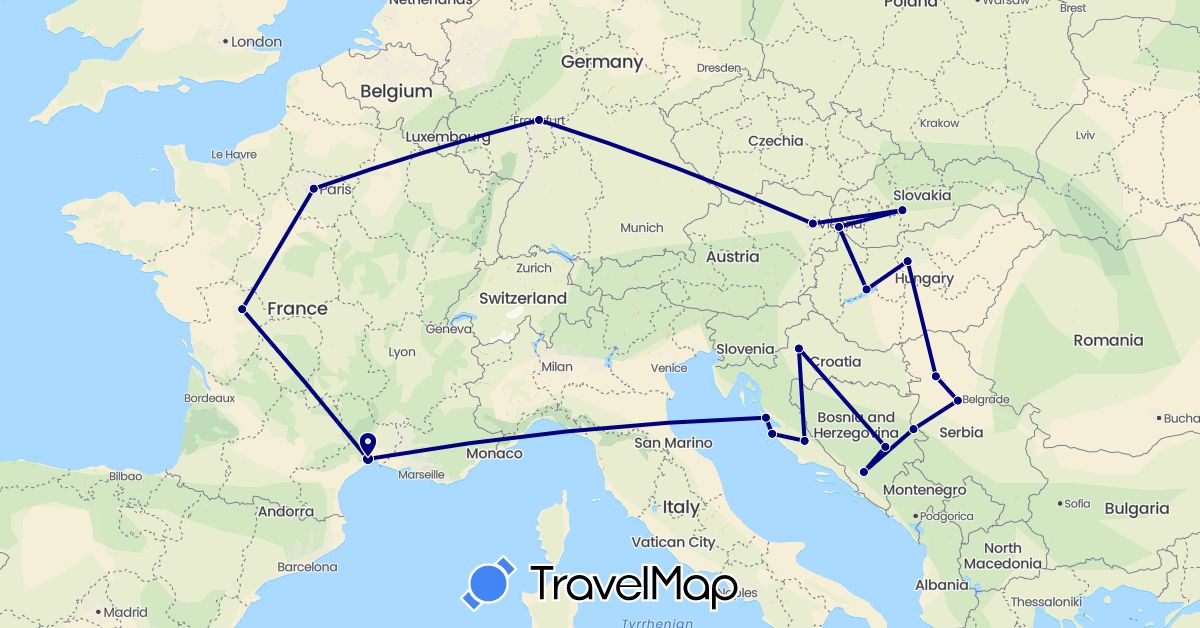 TravelMap itinerary: driving in Austria, Bosnia and Herzegovina, Germany, France, Croatia, Hungary, Serbia, Slovakia (Europe)